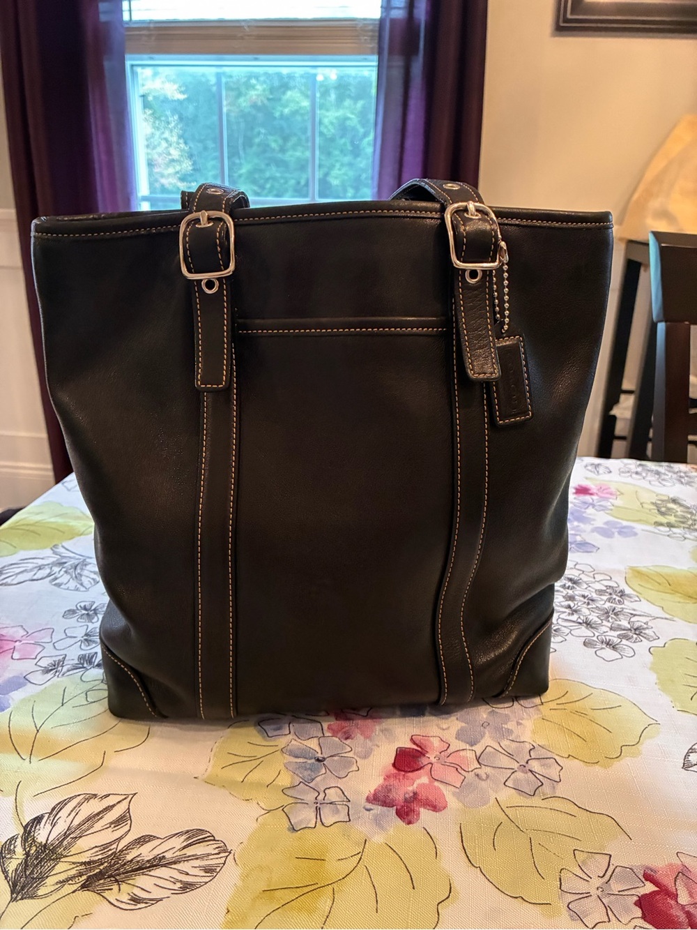 Vintage Coach Black Leather Bucket Tote with Buckle detail and white stitching